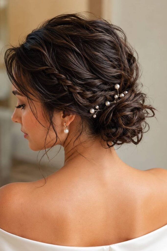 9. (Loose Braided Low Bun with Pearl Pins)