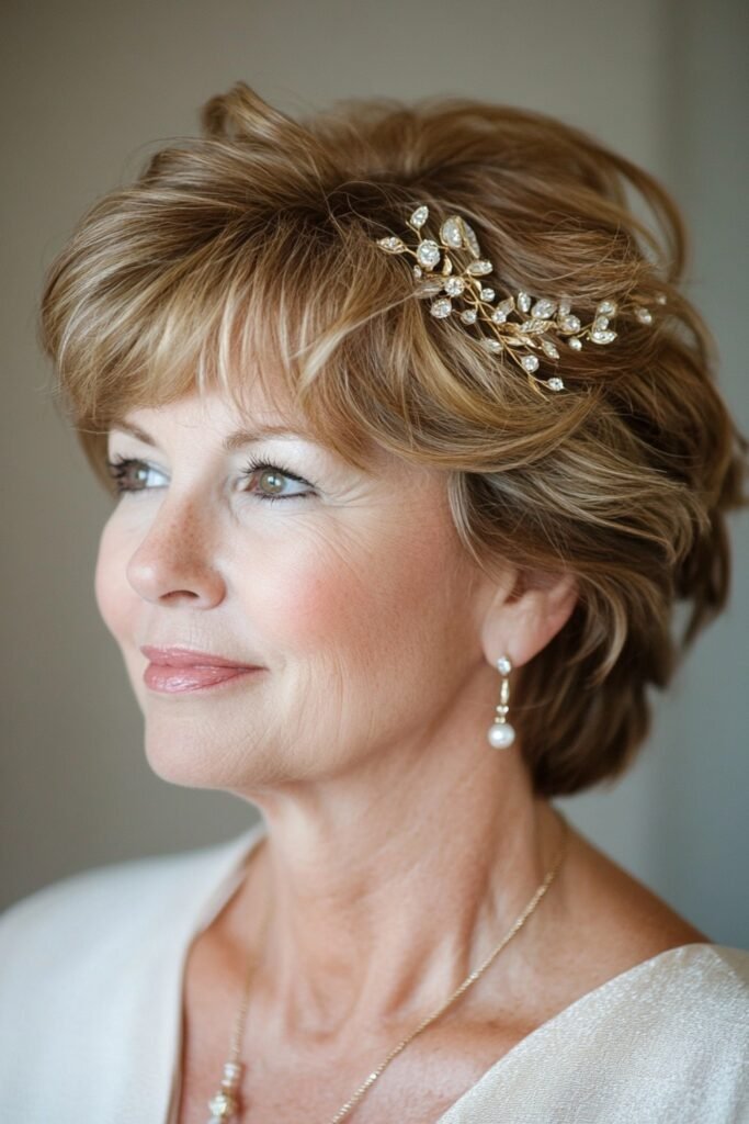 10. (Layered Short Cut with a Crystal Hair Vine)