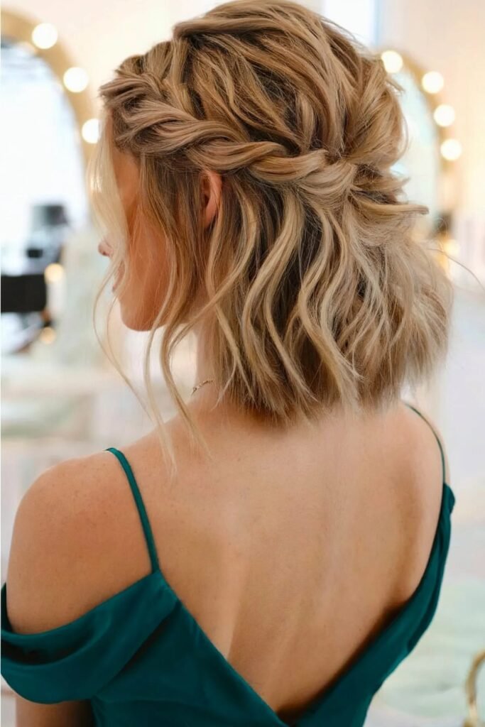 15. (Boho Twisted Half Up with Tousled Waves)
