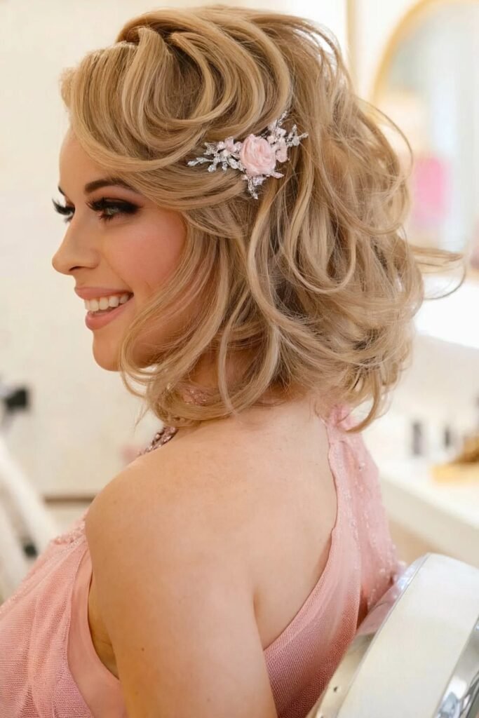20. (Glam Voluminous Curls with a Floral Clip)