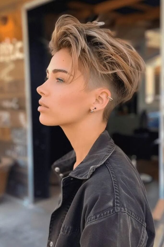 13. Honey Brown Pixie Swept Back with a Fade