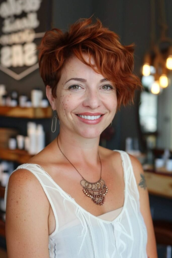 16. Auburn Curly Pixie with a Side Fringe