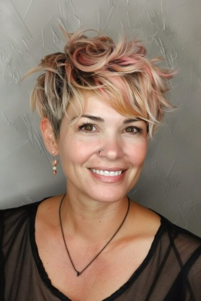17. Rose Blonde Curly Pixie with Peekaboo Pink