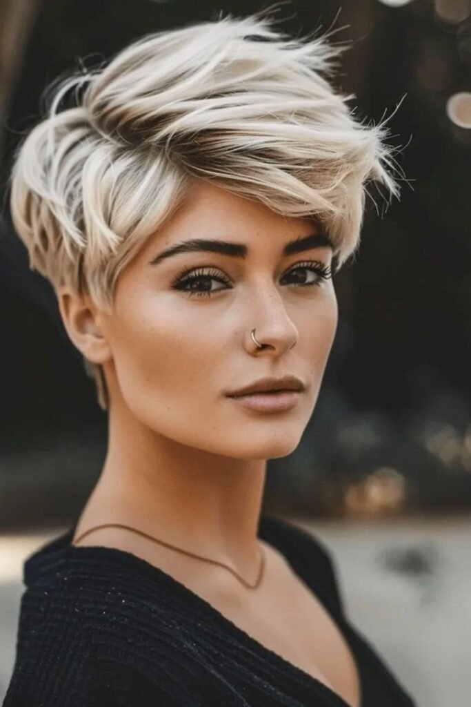 19. Shadow Root Platinum Pixie with a Swept Fringe