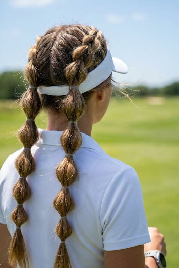 3. (Dutch Braid Bubble Pigtails with a White Visor)