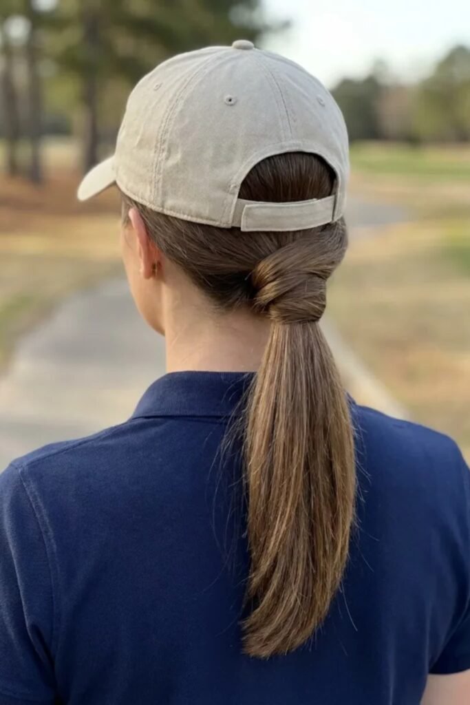 5. (Low Twisted Ponytail Under a Khaki Cap)