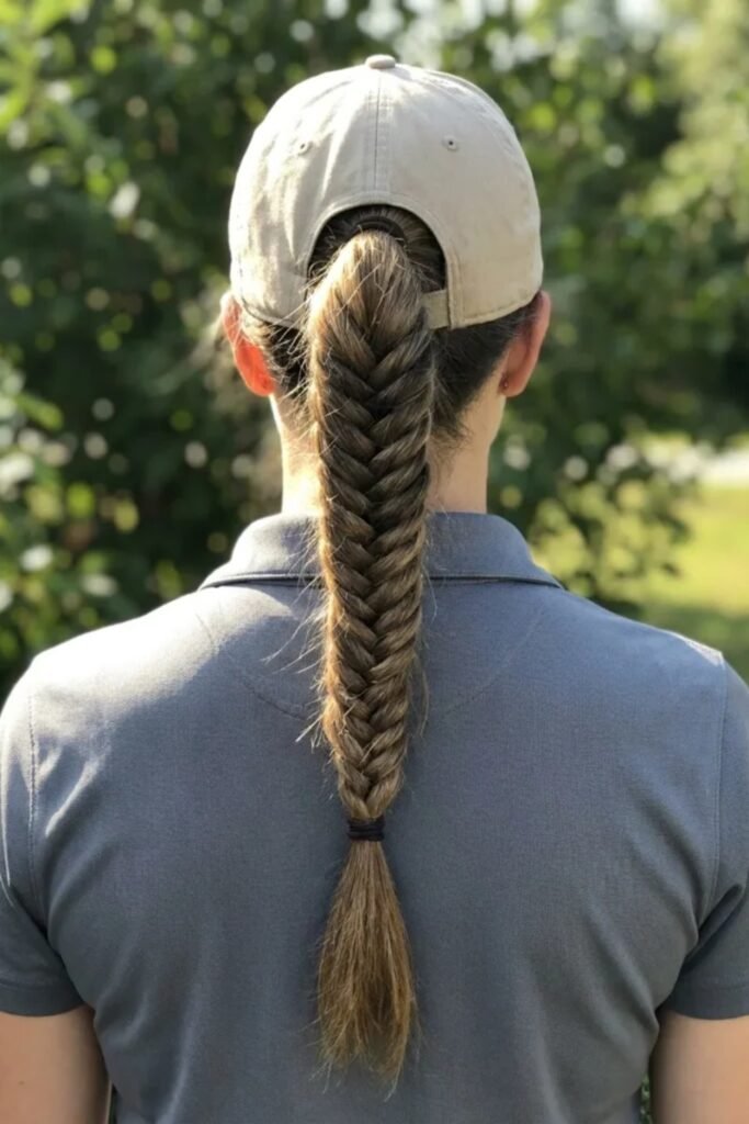 10. (Fishtail Braid Through a Baseball Cap)