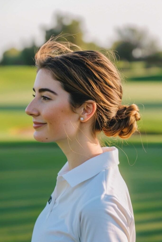 16. (Low Twisted Bun with Soft Flyaways)