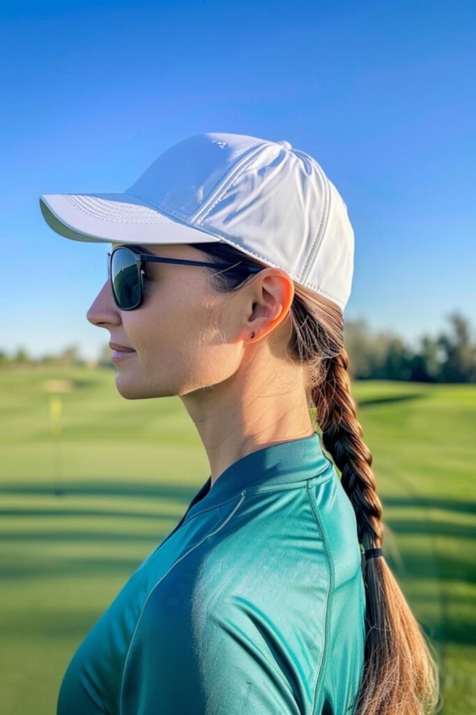 19. (Low Side Braid with a White Cap and Sunglasses)
