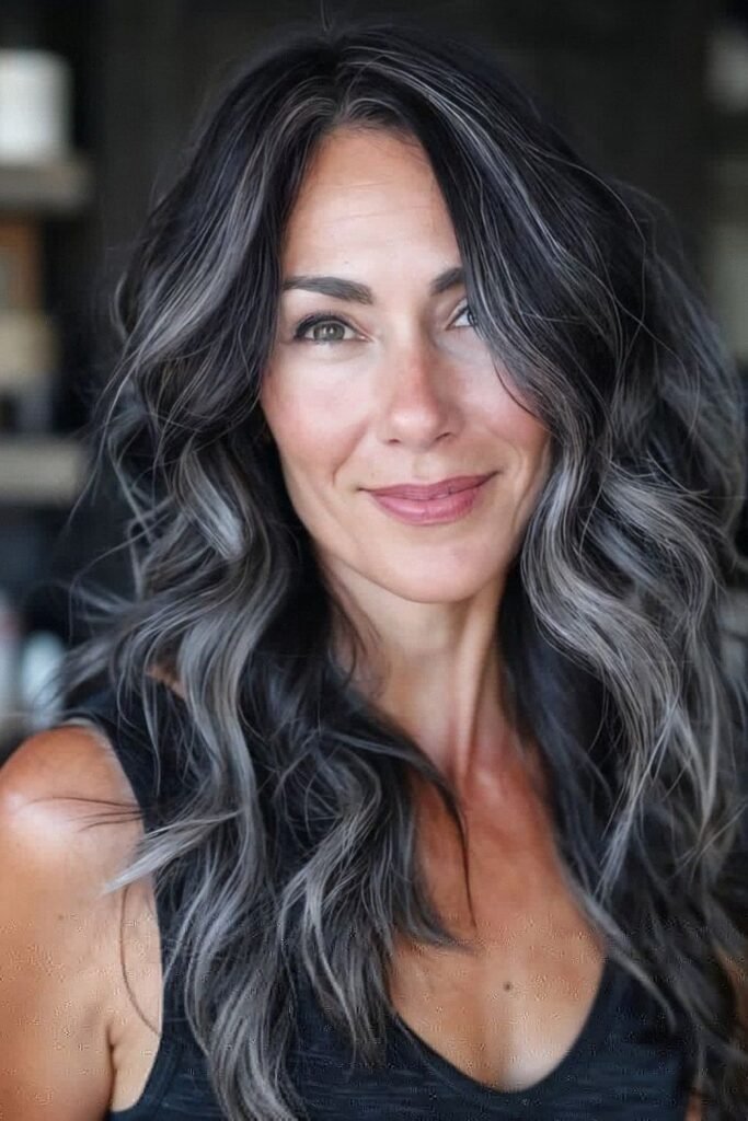 14. (Black Hair with Silver Ribbon Waves)
