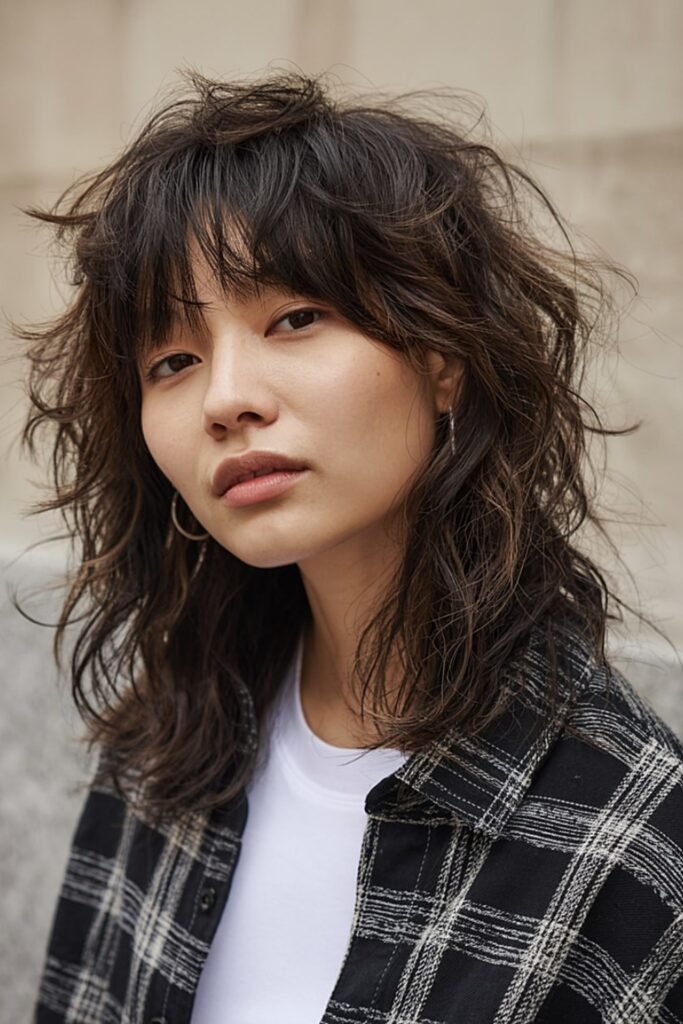 7. Tousled Wavy Shag with Wispy Bangs