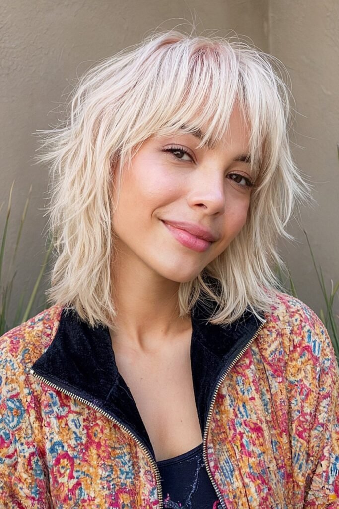 9. Platinum Blonde Choppy Shag with Pink Roots