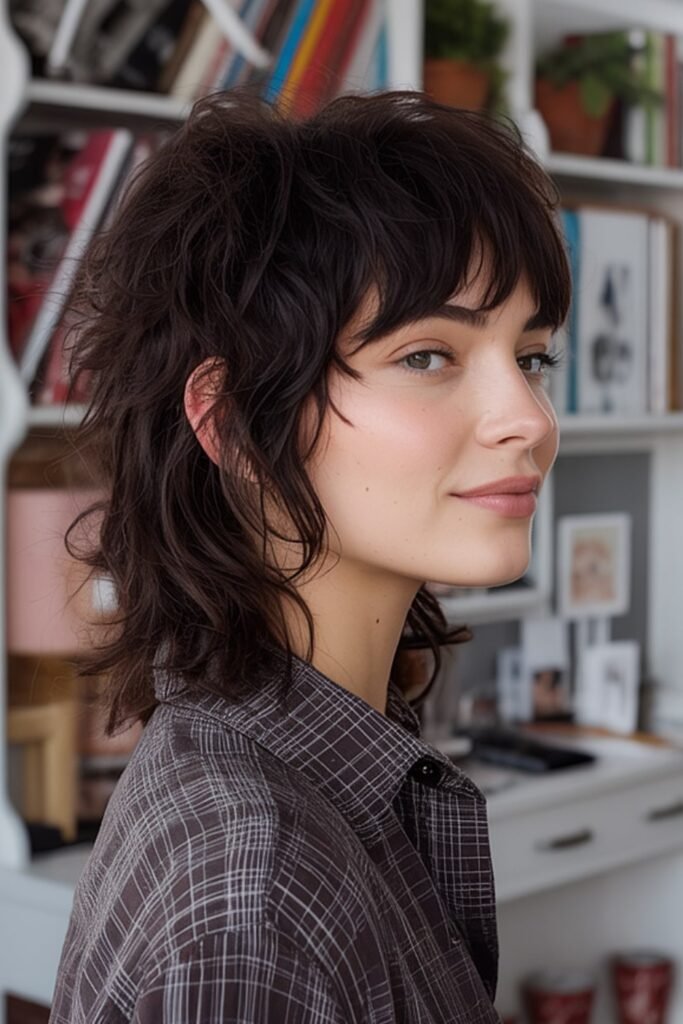 12. Curly Dark Mullet with Short Bangs
