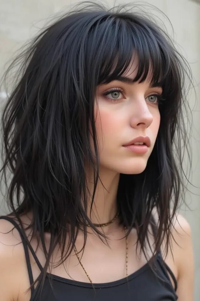 16. Long Razored Black Shag with Blunt Bangs