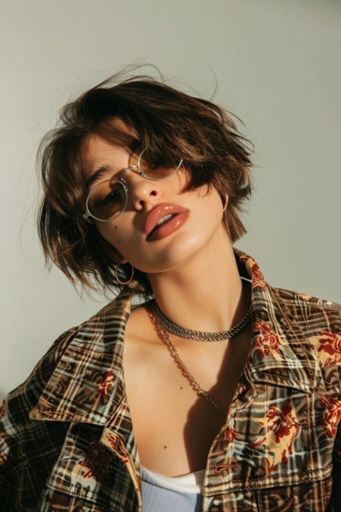 18. Tousled Short Brunette Bob with Messy Bangs