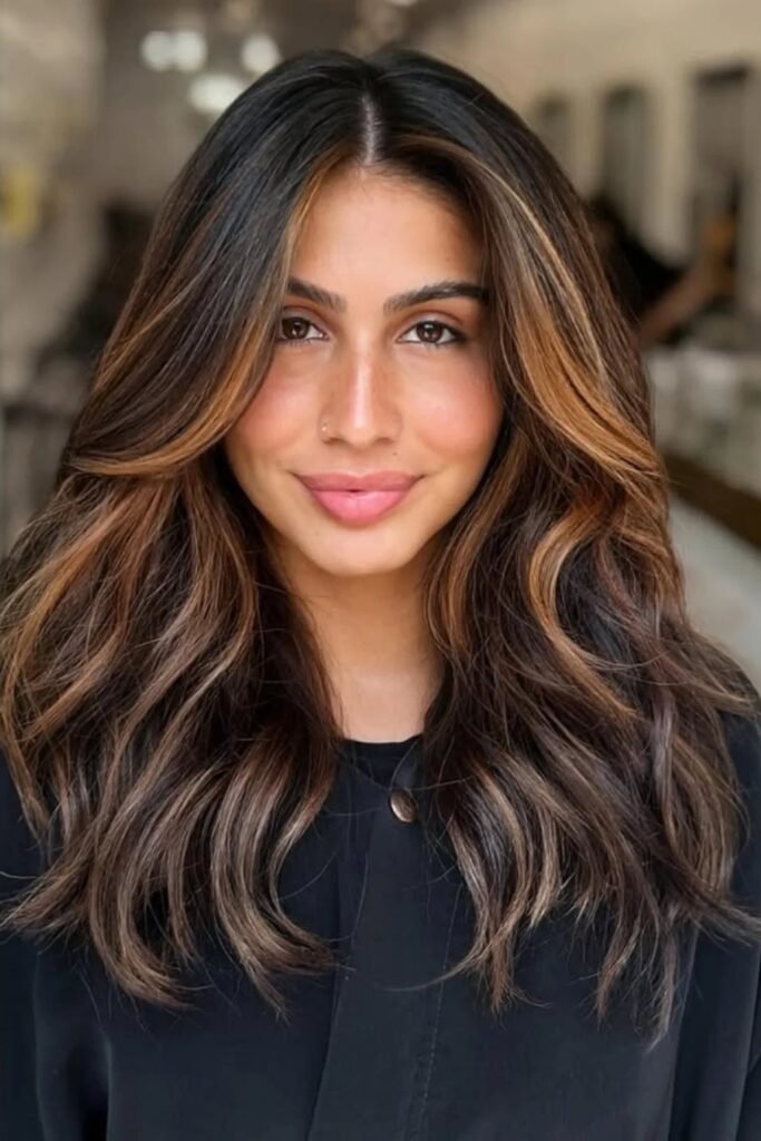 12. Black Brown with Honey Face-Framing Highlights