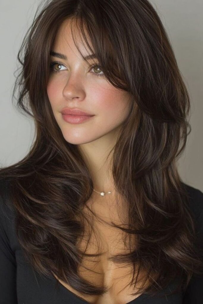 15. (Curtain Bangs with Wavy Chocolate Layers)