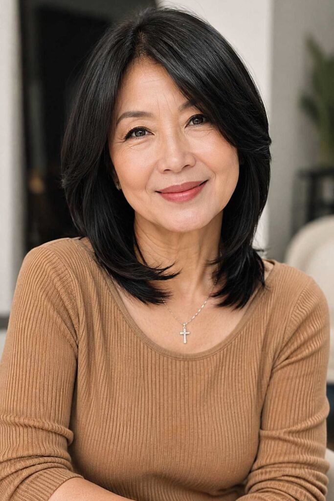 2. Layered Black Lob with Side-Swept Bangs