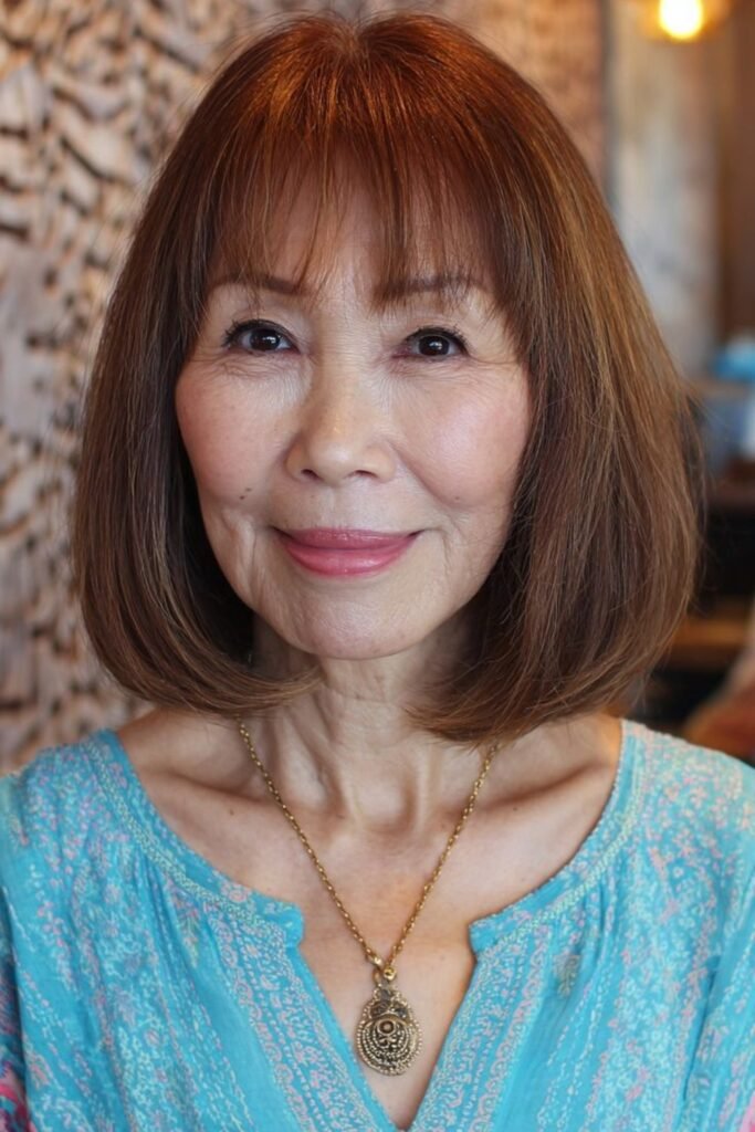 5. Auburn Blunt Bob with Full Bangs