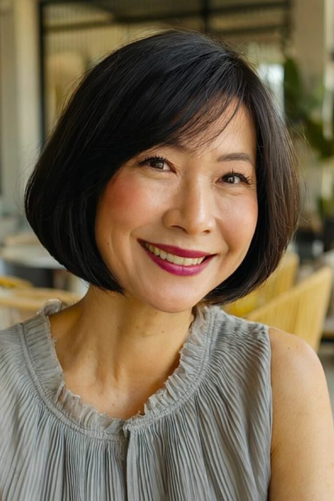 6. Side-Parted Black Bob with Soft Fringe