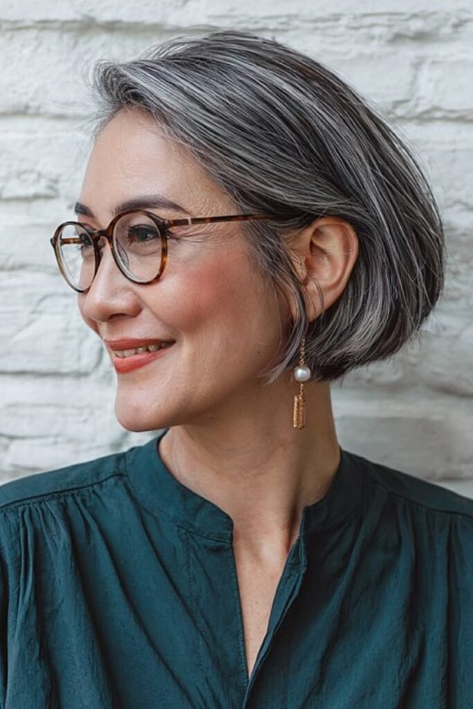 19. Silver Asymmetric Bob Swept Behind the Ear