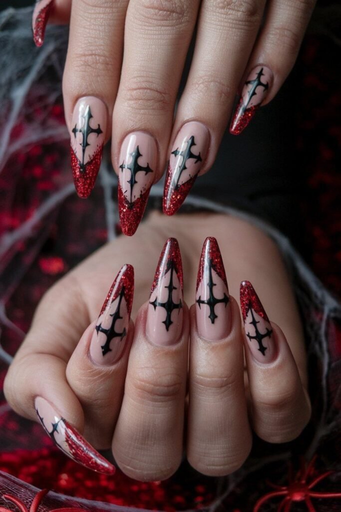 2. Red Glitter French Stilettos with Black Gothic Crosses