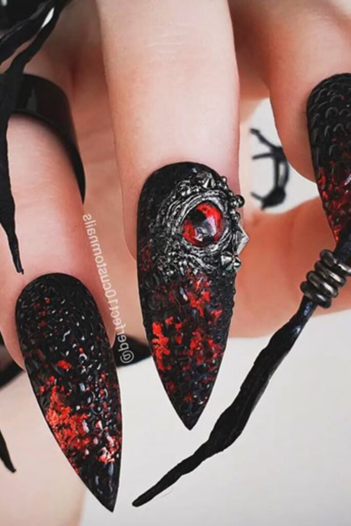 3. Matte Black Dragon Eye Stilettos with Red Foil