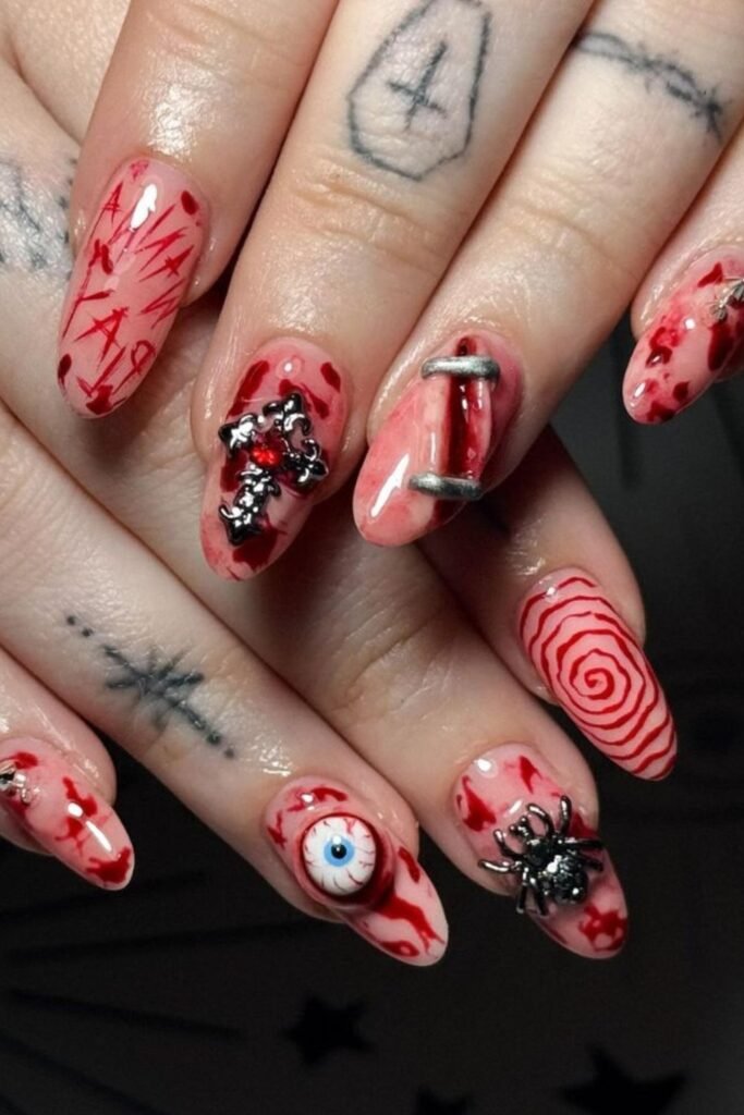 5. Blood Splatter Jelly Nails with Eyeball and Stitches