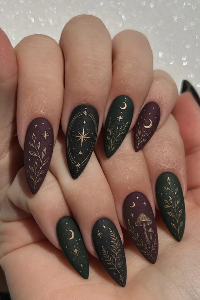 6. Matte Witchy Celestial Nails in Plum, Green, and Black