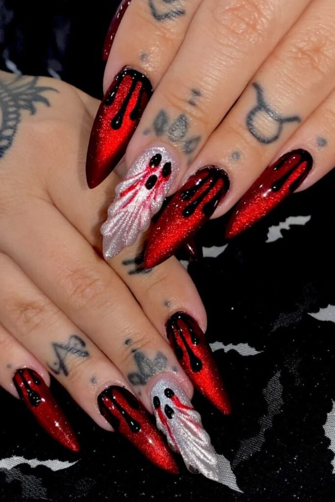 10. Red Chrome Blood Drip Nails with 3D Ghost