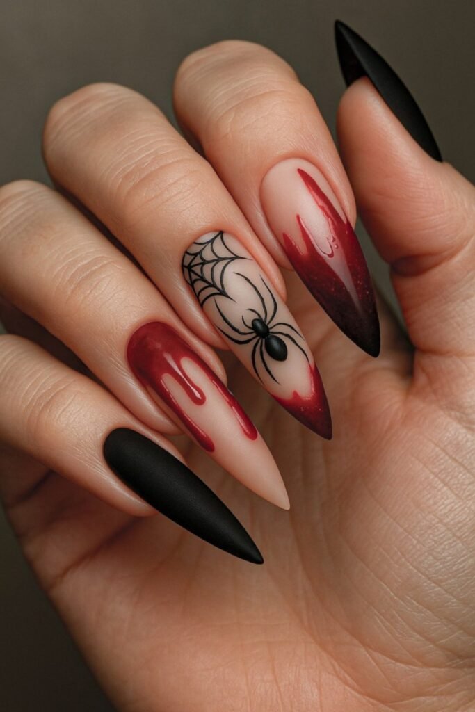 13. Nude Stilettos with Blood Drip and Spider Web