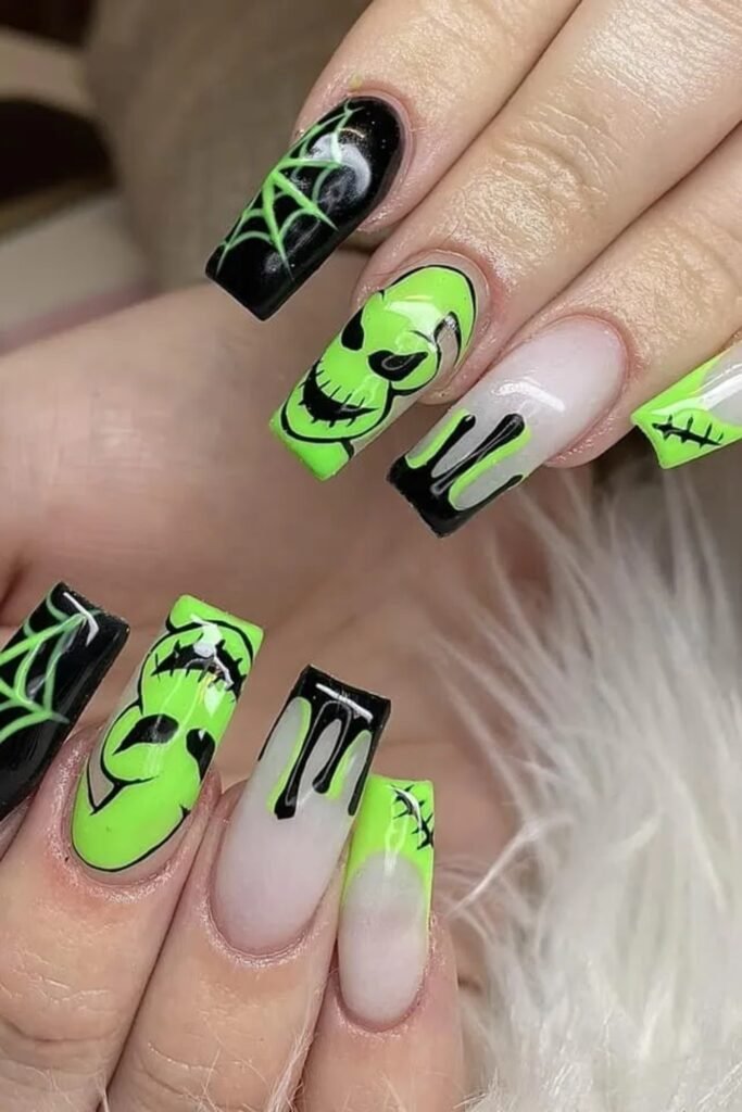 14. Neon Green Slime and Spiderweb Coffin Nails