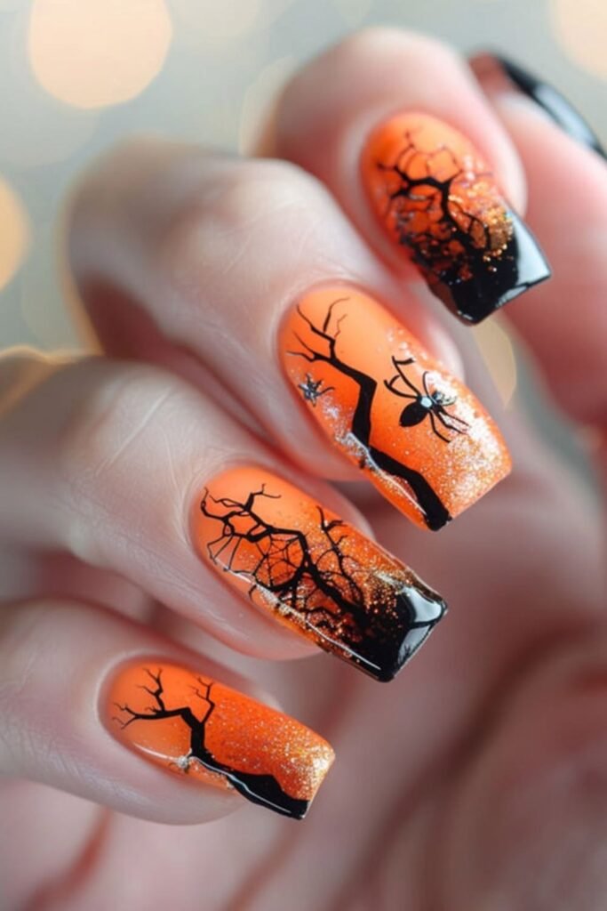 15. Orange Sunset Nails with Spooky Tree Silhouettes