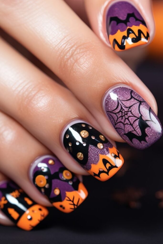 20. Purple, Orange, and Black Bats and Haunted House Nails