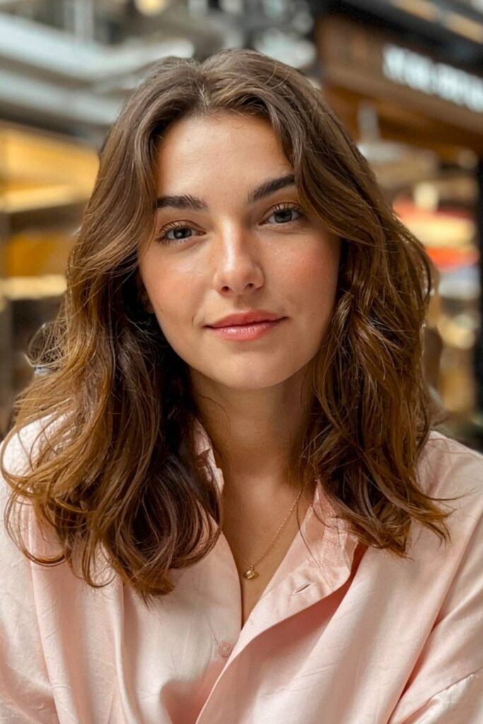 2. Warm Chestnut Waves with Soft Center Part