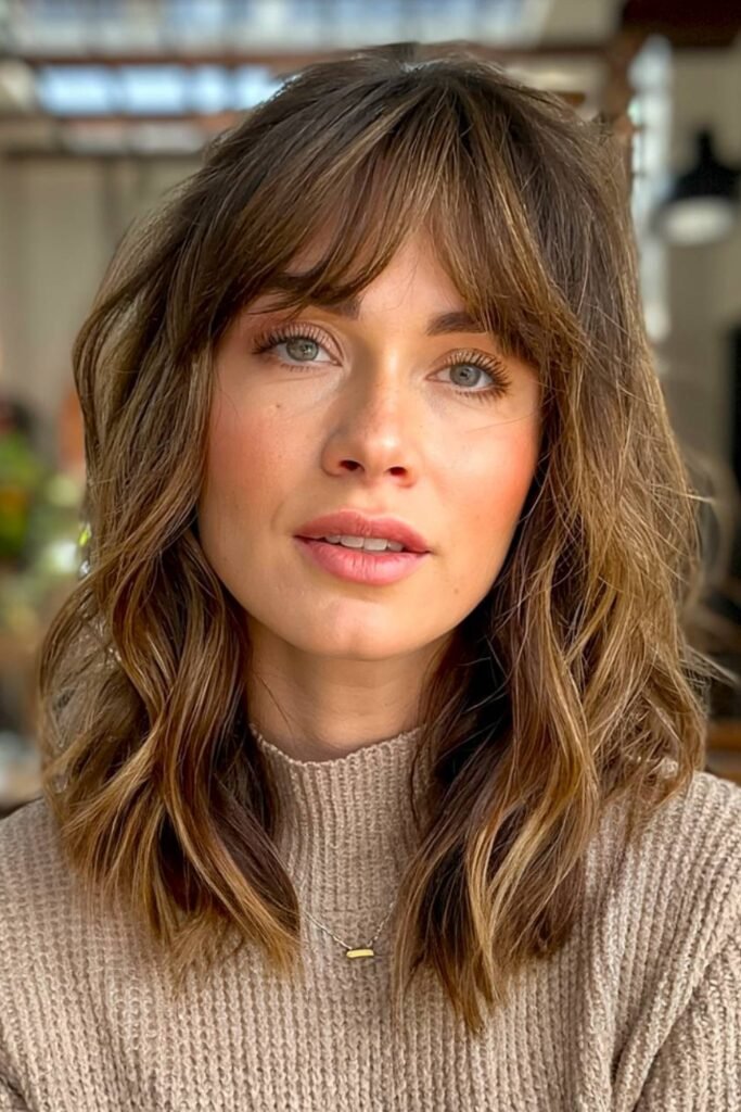 6. Wispy Bang Haven Cut with Caramel Highlights