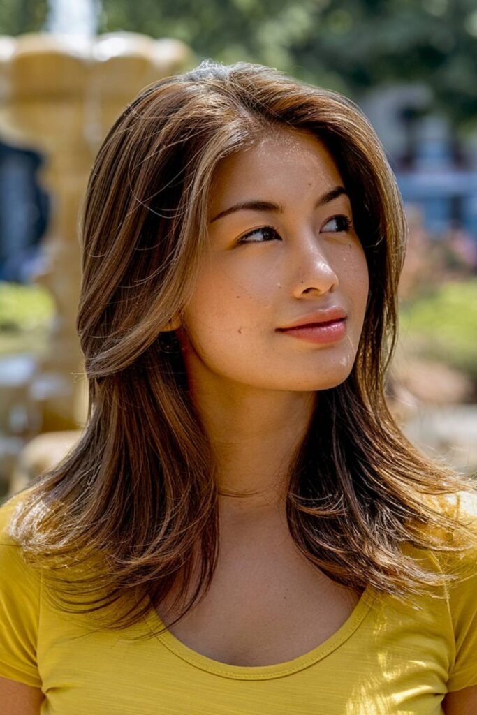 8. Flicked Face-Framing Layers with Caramel Glow