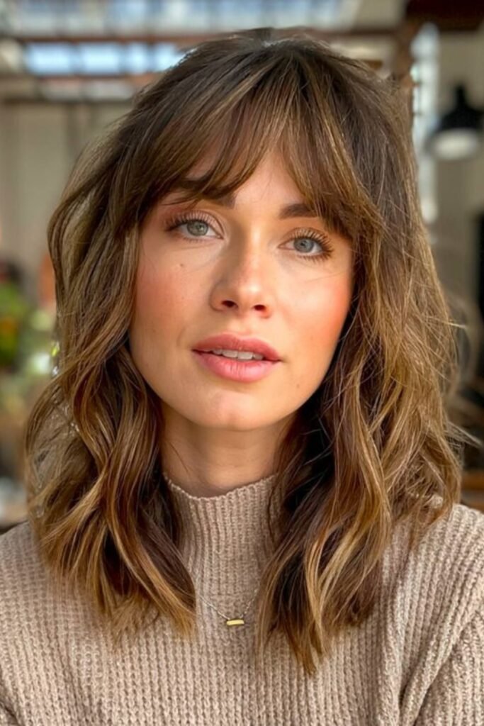 19. Full Fringe Haven Cut with Warm Brunette Waves
