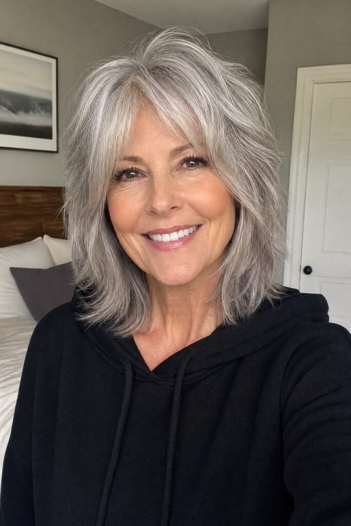 1. Shaggy Gray Lob with Wispy Curtain Bangs