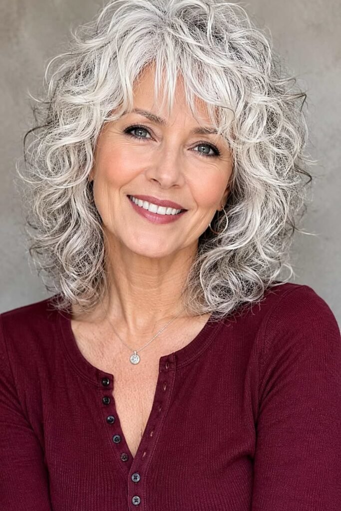 5. Curly Shag Lob with Soft Bangs