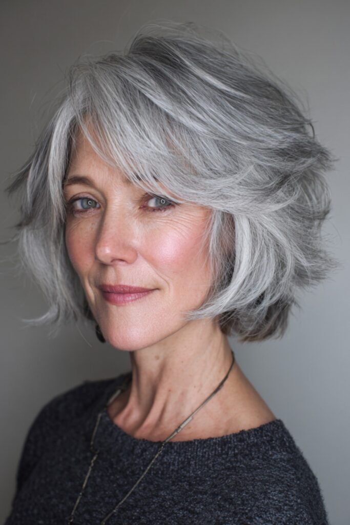 17. Choppy Layered Bob with Long Side-Swept Bang