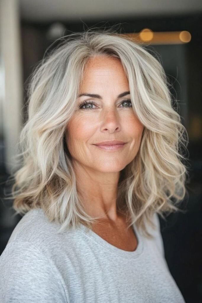 19. Beachy Wavy Lob in Blonde Silver