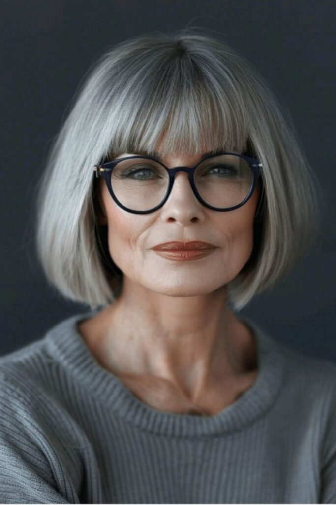 1. Silver Blunt Bob with Full Bangs