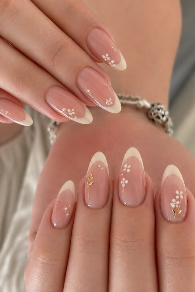 1. Dainty Floral French Tips with Gold Accents
