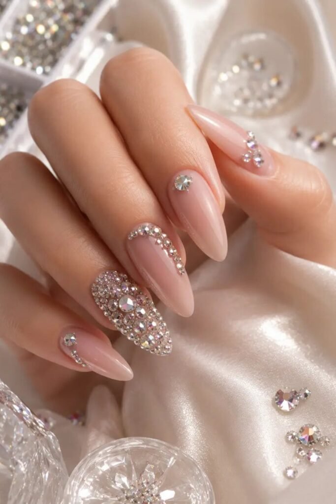 12. Nude Almond Nails with Crystal Rhinestones