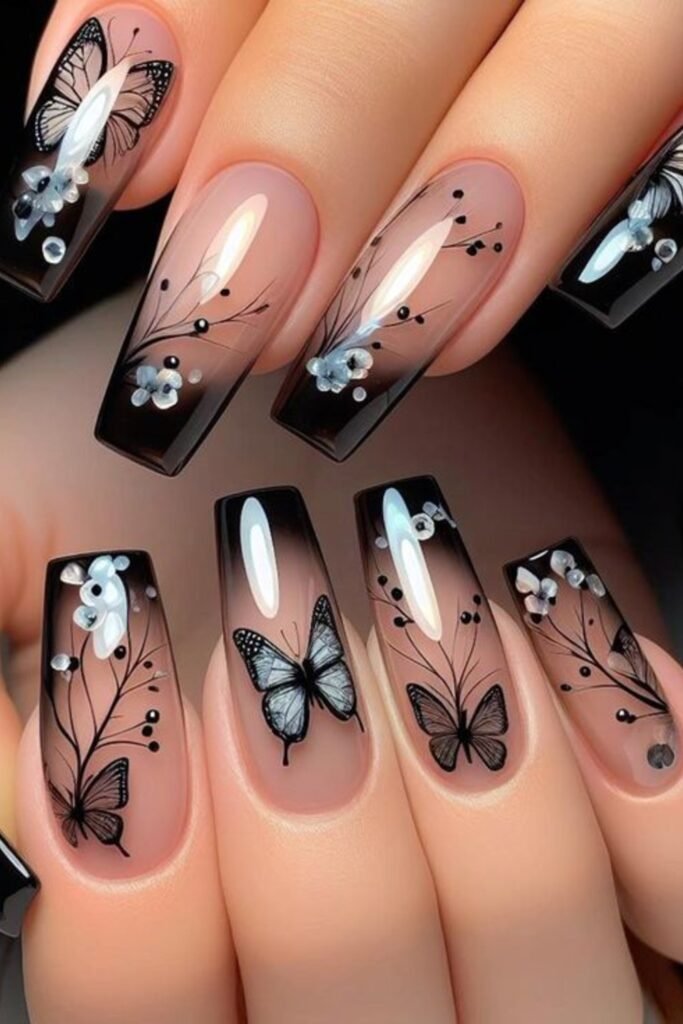 14. Black Ombre Butterfly Nails