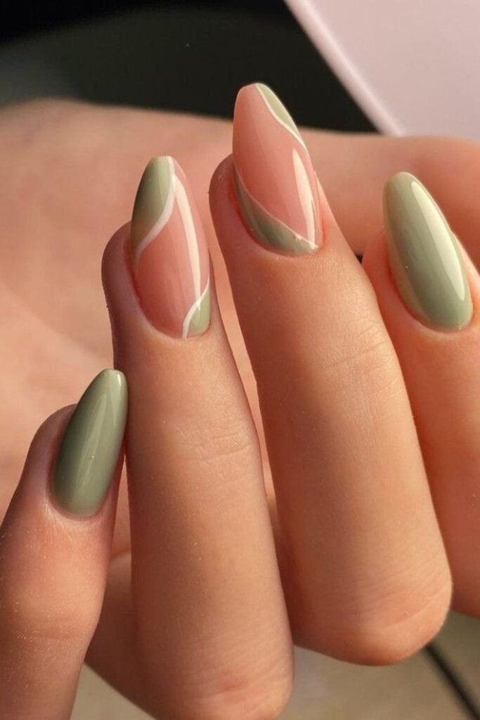 15. Sage Green Swirl Line Nails