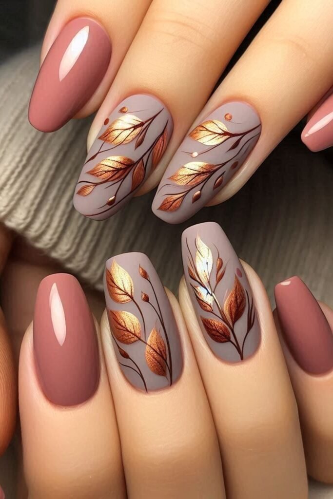 17. Autumn Copper Leaf Nails