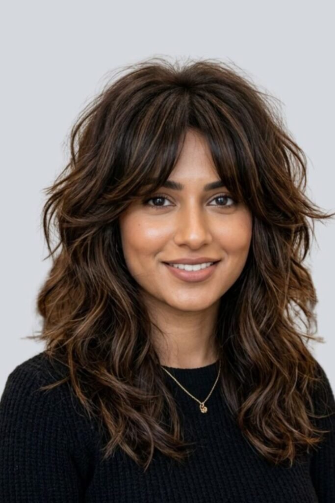 7. (Shaggy Layers with Curtain Bangs and Caramel Waves)