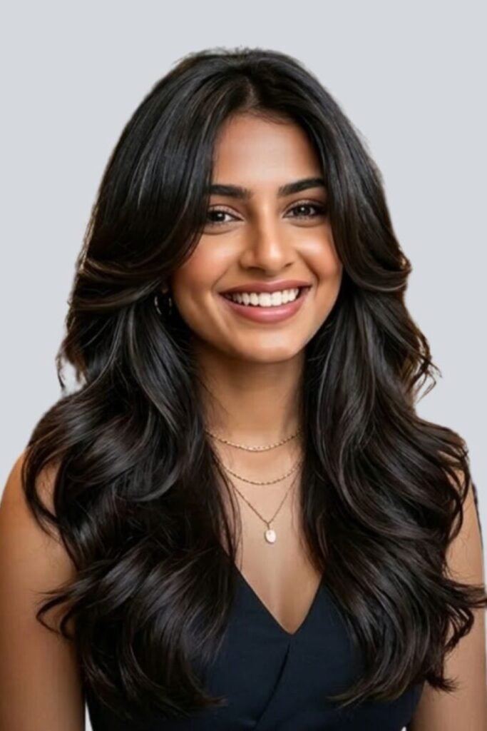 13. (Black Layers with Soft Highlights and a Bouncy Blowout)